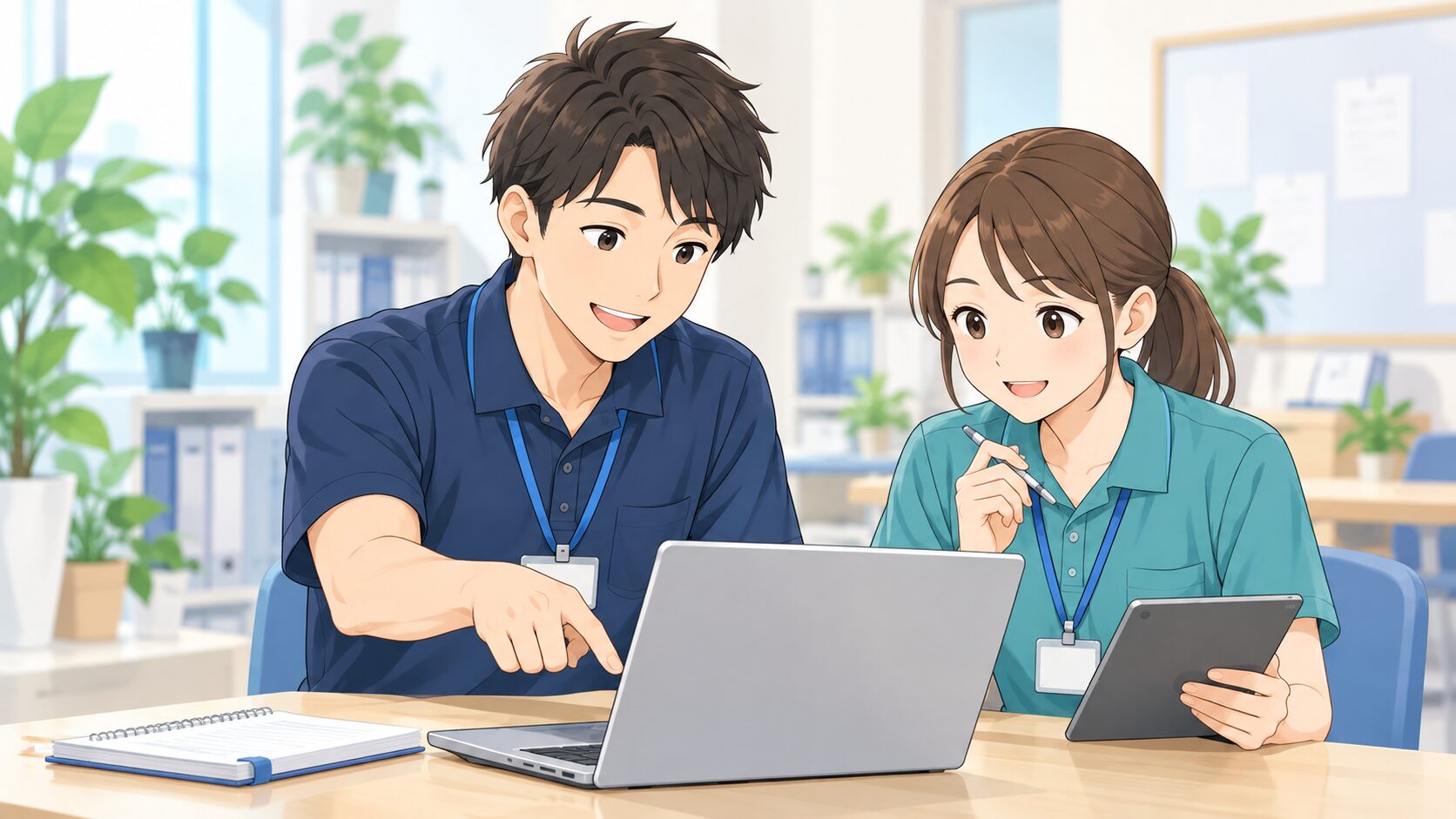 介護職員2人がパソコンで生成AIを学ぶイラスト