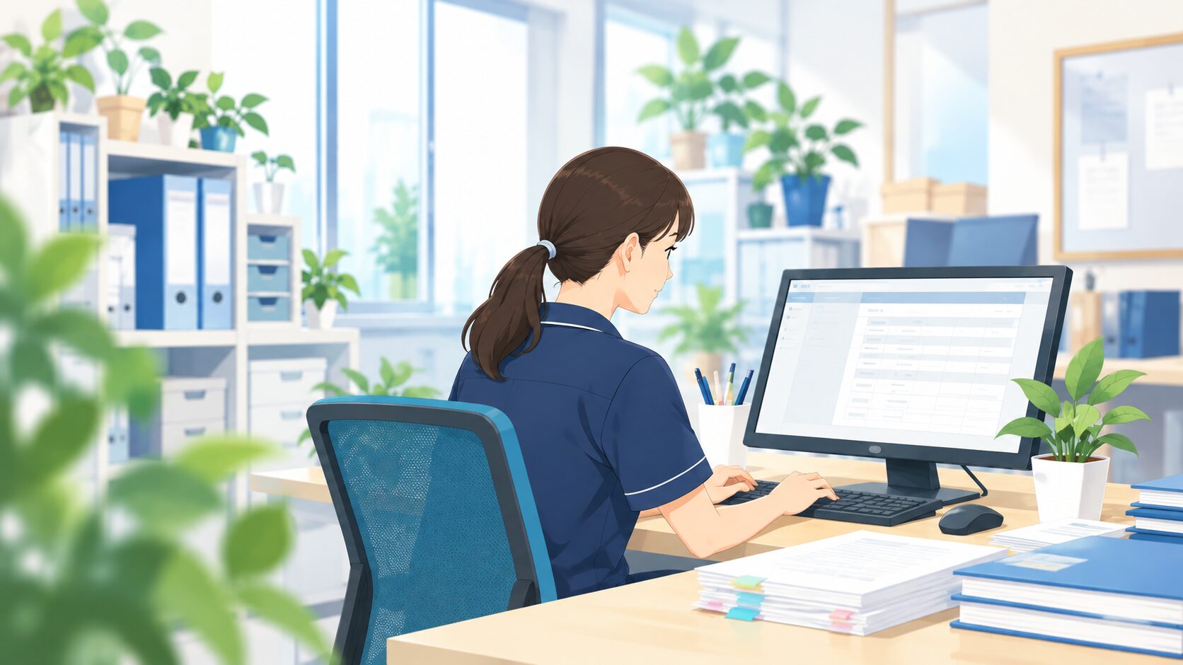 介護職員がパソコンで業務を行うイラスト