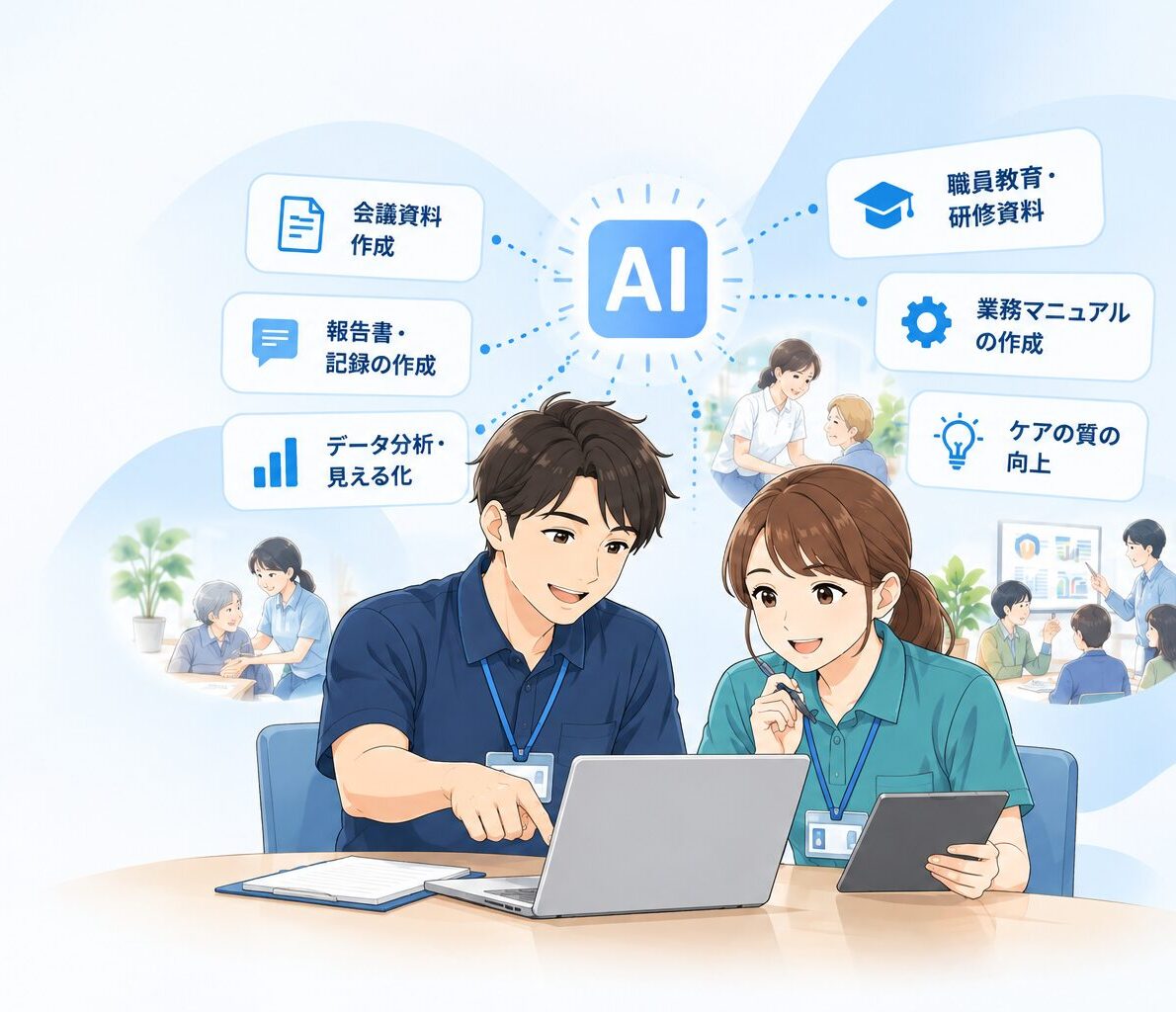 介護スタッフが生成AIを活用するイラスト